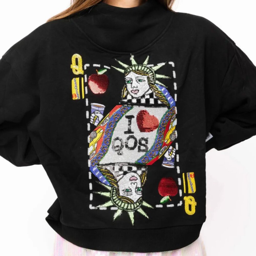 QUEEN OF SPARKLES Black New York City Queen Card Mock Neck Sweatshirt